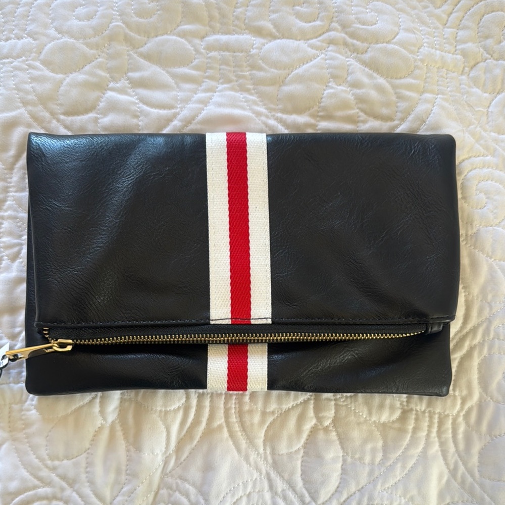 Faux Leather Black Clutch with Red and White Stripe